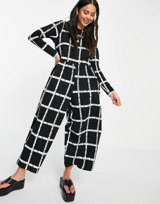 ASOS DESIGN jersey smock jumpsuit in mono grid print