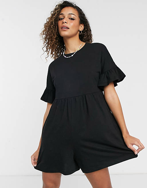 Jumpsuits & Playsuits jersey smock playsuit with frill sleeve in washed black 