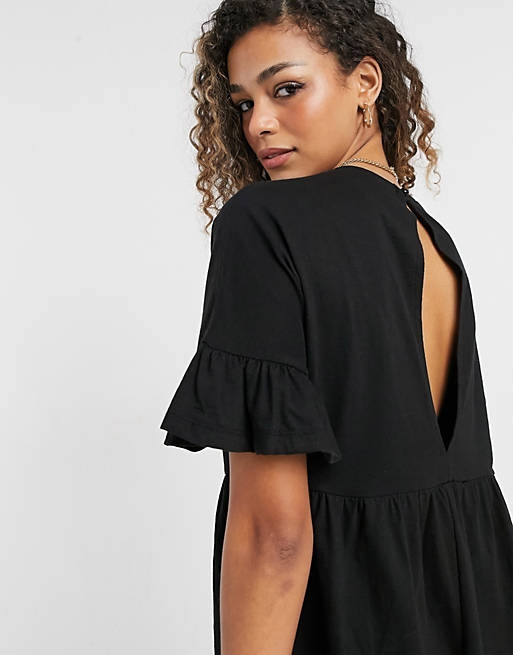 Jumpsuits & Playsuits jersey smock playsuit with frill sleeve in washed black 