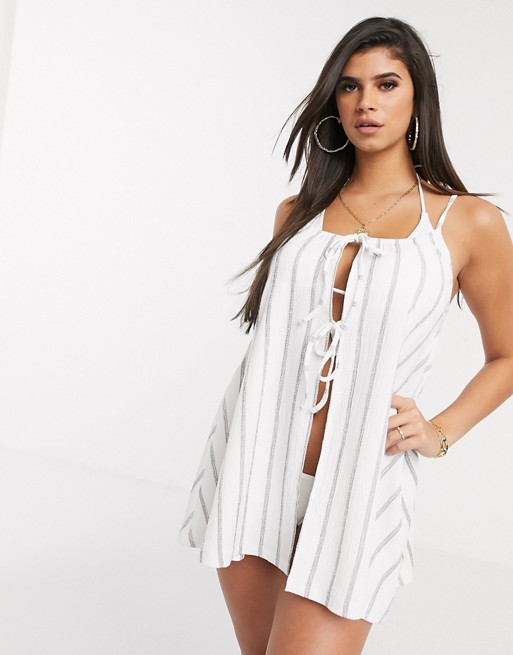 ASOS DESIGN jersey tie front textured beach cover up in natural stripe