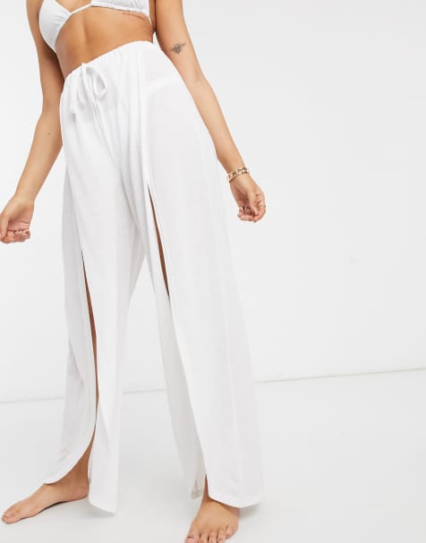 ASOS DESIGN jersey split front beach trouser in white
