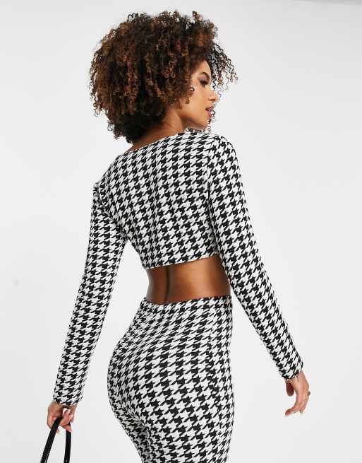 ASOS DESIGN jersey square neck suit crop blazer in mono houndstooth