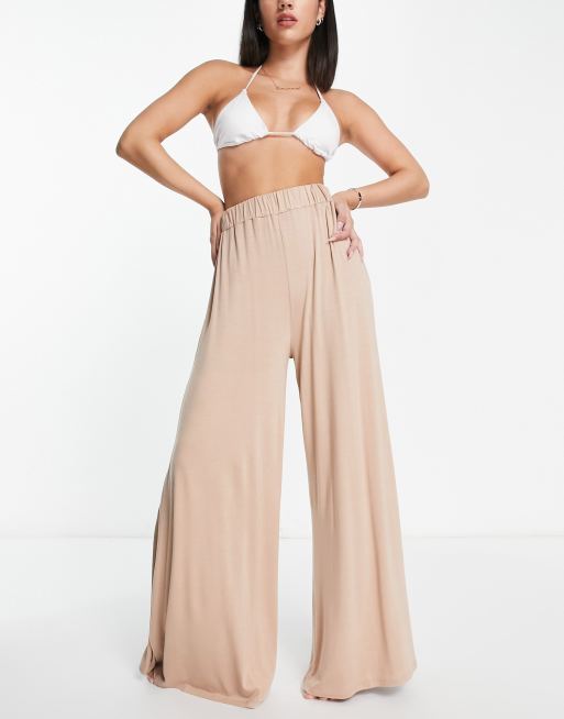 ASOS DESIGN - Jersey strandbroek in palazzomodel in crème 