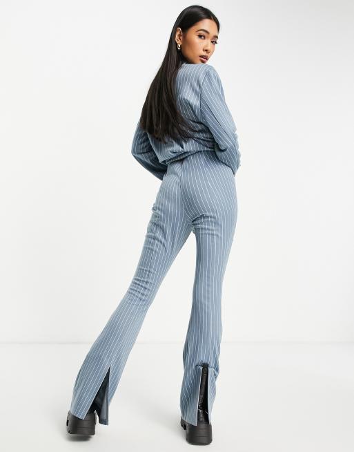 ASOS DESIGN jersey suit baby kick flare pants with split detail in blue pinstripe, 3 of 4