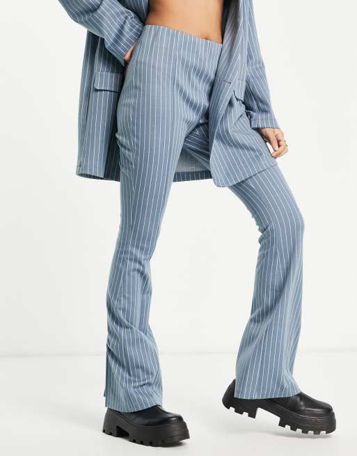 ASOS DESIGN jersey suit baby kick flare pants with split detail in blue pinstripe, 4 of 4