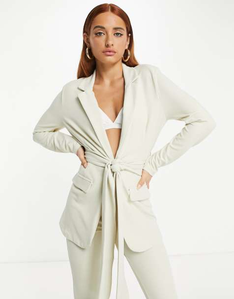 ASOS DESIGN jersey suit blazer with obi tie waist in ivory - view 1