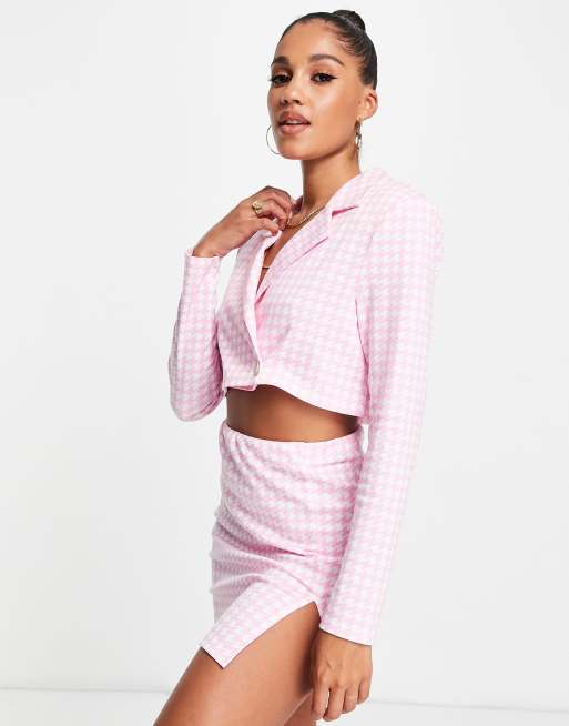 ASOS DESIGN jersey suit crop blazer in pink houndstooth