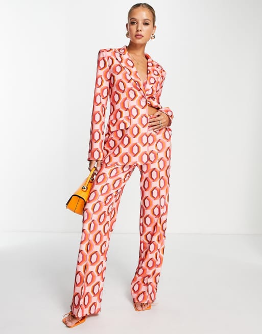 ASOS DESIGN jersey suit elastic waist pants in geo print in pink