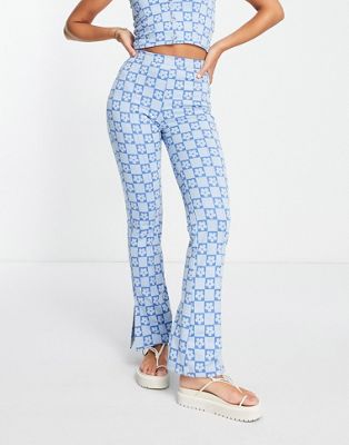 ASOS DESIGN jersey suit flare trouser with side split in daisy checkerboard
