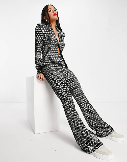 Trousers & Leggings jersey suit flare trousers in mint geo print 