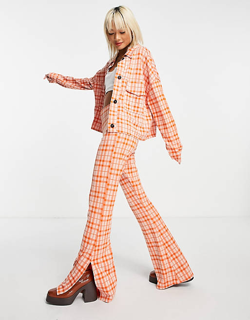Women jersey suit flare with split detail in orange check 