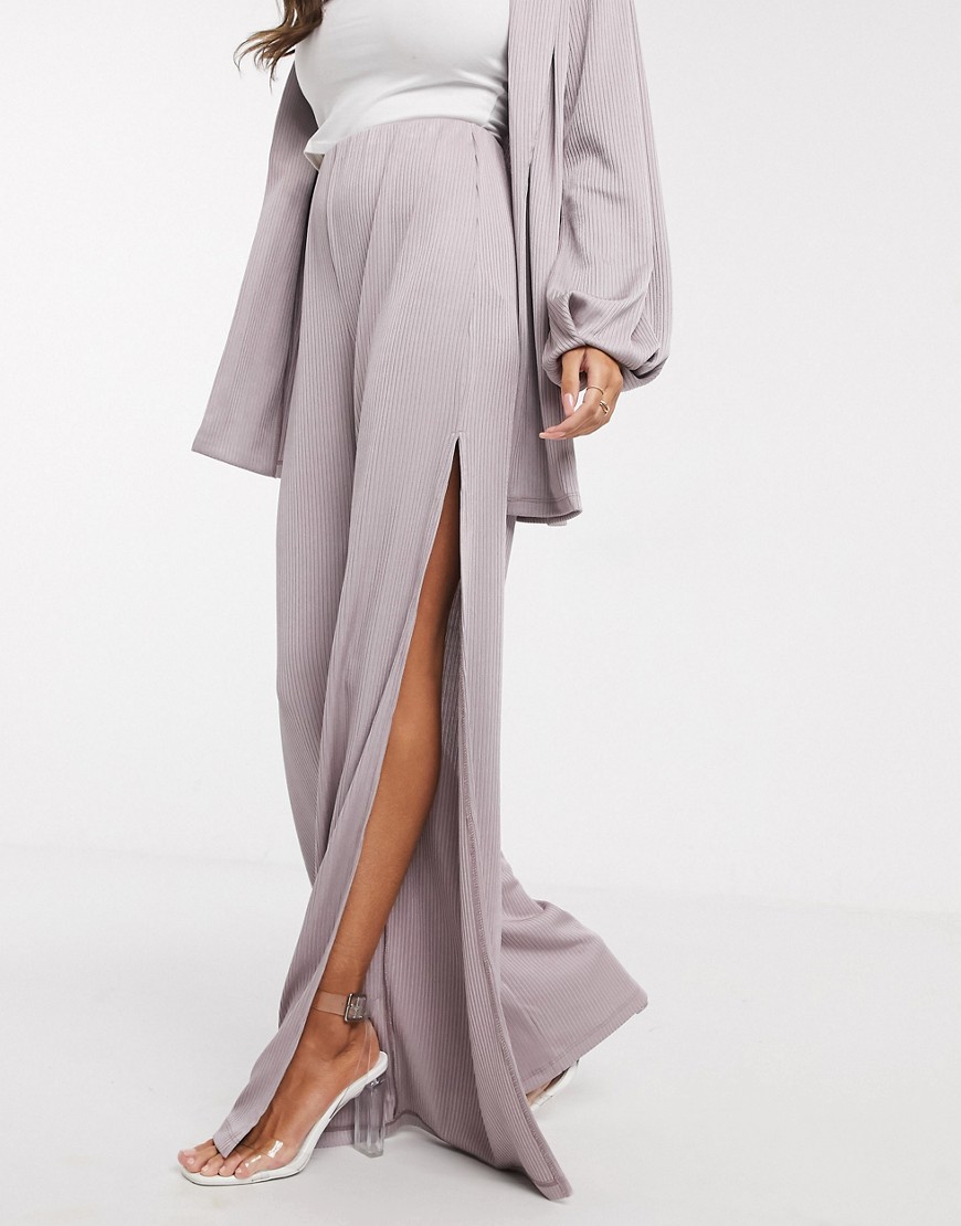 ASOS DESIGN - Jersey suit met ribbels, zijsplit en broek met wijde pijpen-Paars