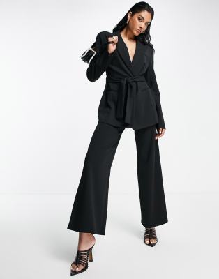 Black Blazer Suit Set for Women, Wide Leg Pants High Rise, Belted