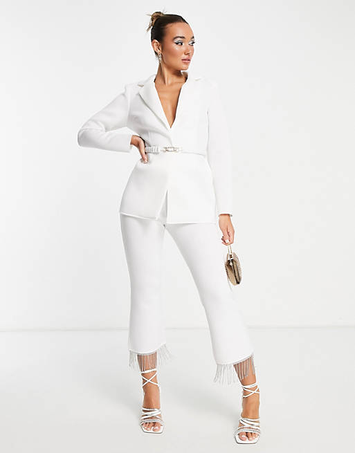 ASOS DESIGN jersey suit trousers with diamante fringe detail in white