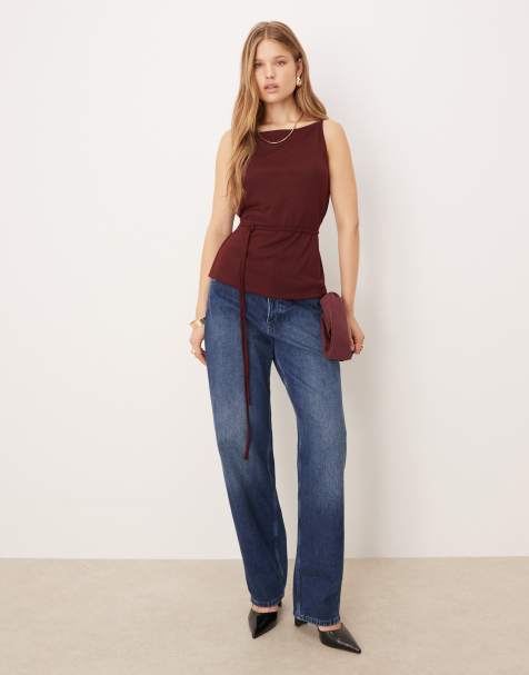 ASOS DESIGN jersey tank top with tie waist detail in burgundy - view 1
