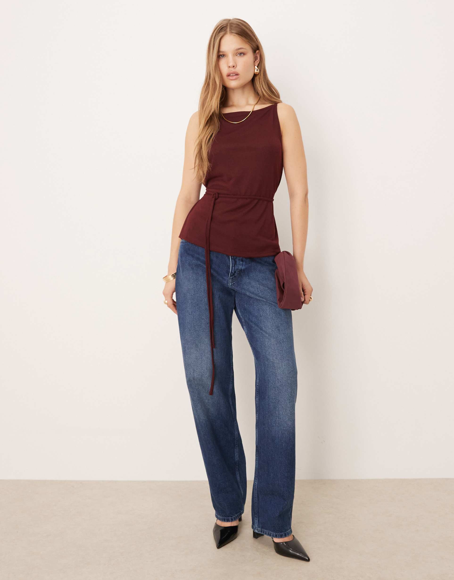 asos design jersey tank top with tie waist detail in burgundy