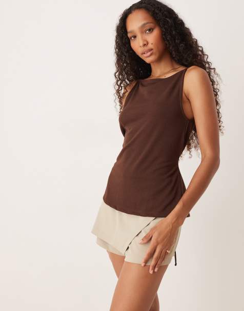 ASOS DESIGN jersey tank top with tie waist detail in dark brown - view 1