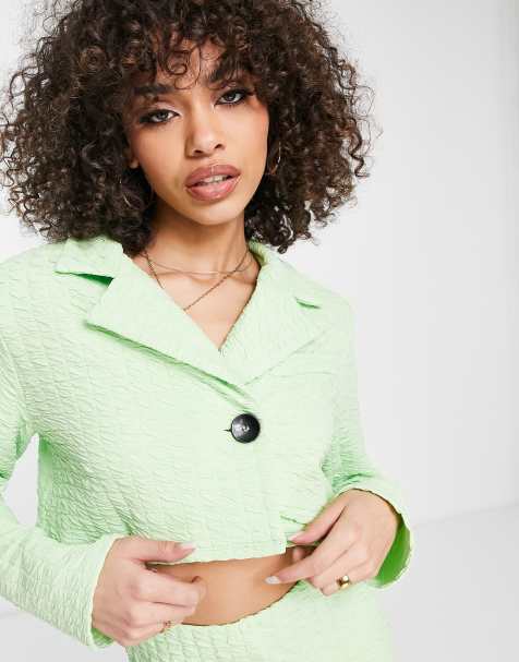 ASOS DESIGN jersey textured crop suit blazer in washed lime - view 1