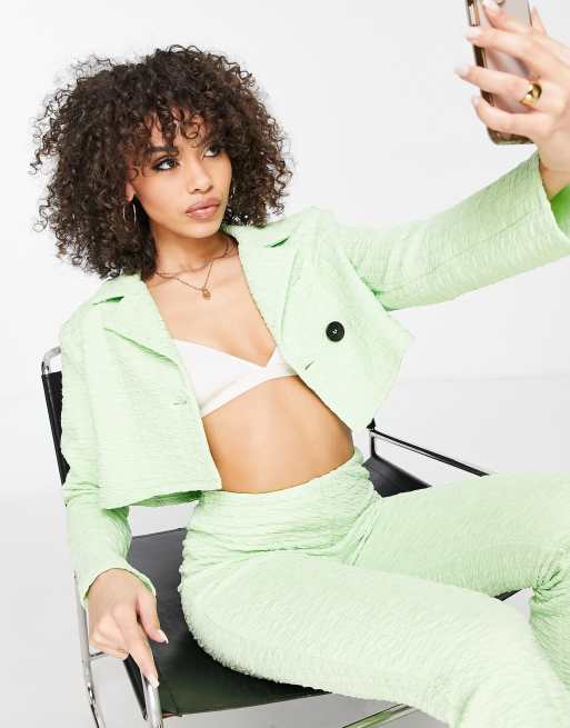 ASOS DESIGN jersey textured crop suit blazer in washed lime , 4 of 4