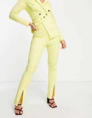 ASOS DESIGN jersey textured slim suit pants with split front in yellow