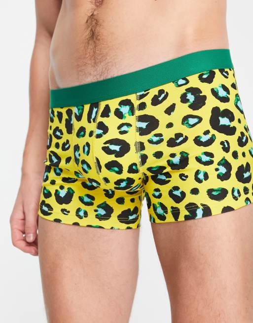 ASOS DESIGN jersey trunks in yellow animal print with contrast waistband