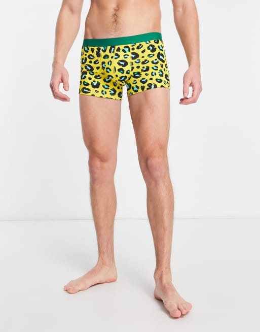 ASOS DESIGN jersey trunks in yellow animal print with contrast waistband, 2 of 4
