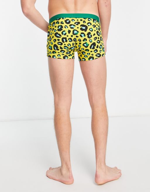 ASOS DESIGN jersey trunks in yellow animal print with contrast waistband, 3 of 4