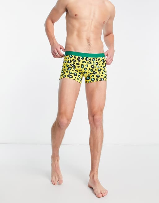 ASOS DESIGN jersey trunks in yellow animal print with contrast waistband, 4 of 4