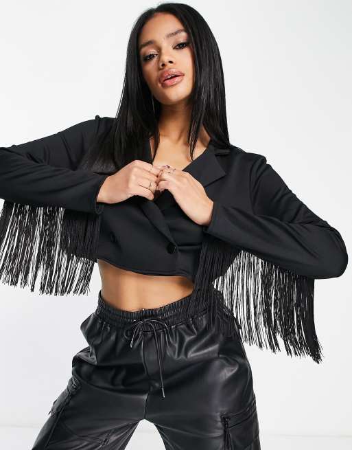 ASOS DESIGN jersey tux crop suit blazer with fringe detail in black 