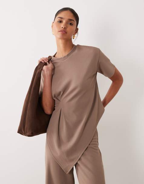 ASOS DESIGN jersey twill asymmetric top co-ord with pleat detail in stone - view 1