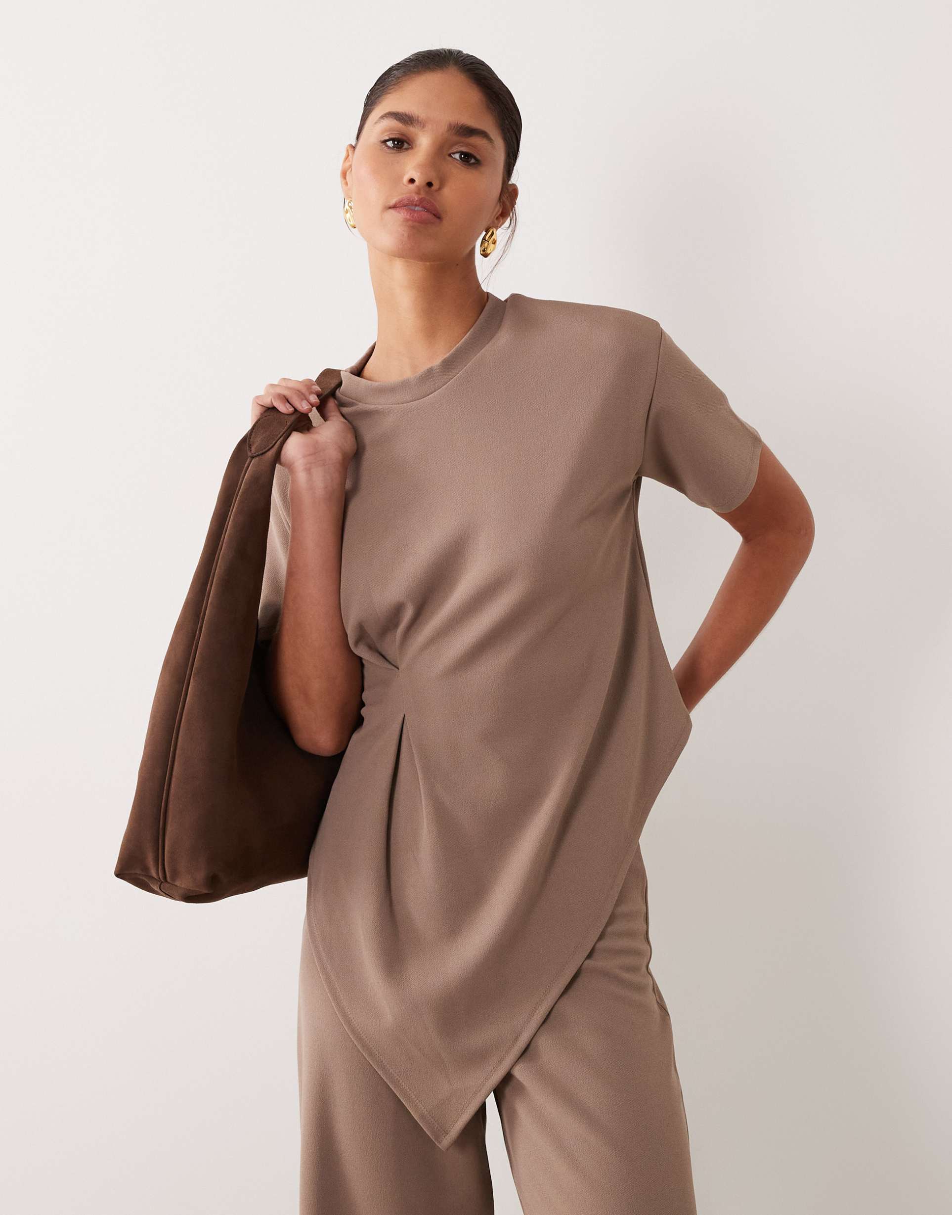 asos design jersey twill asymmetric top with pleated detailing in navy - part of a set