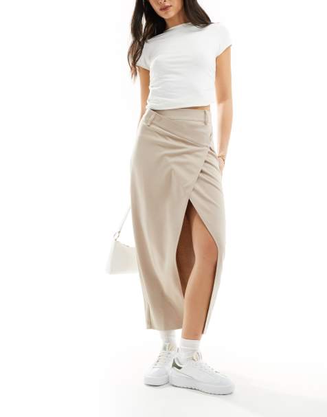 ASOS DESIGN jersey twill midi skirt with asymmetric waist in stone - view 1