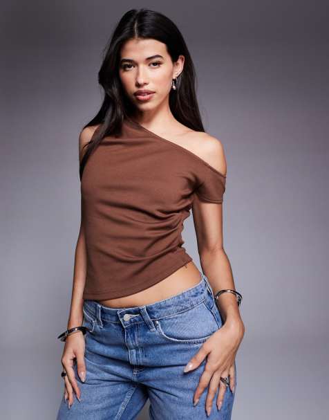 ASOS DESIGN jersey twill off shoulder top in brown - view 1