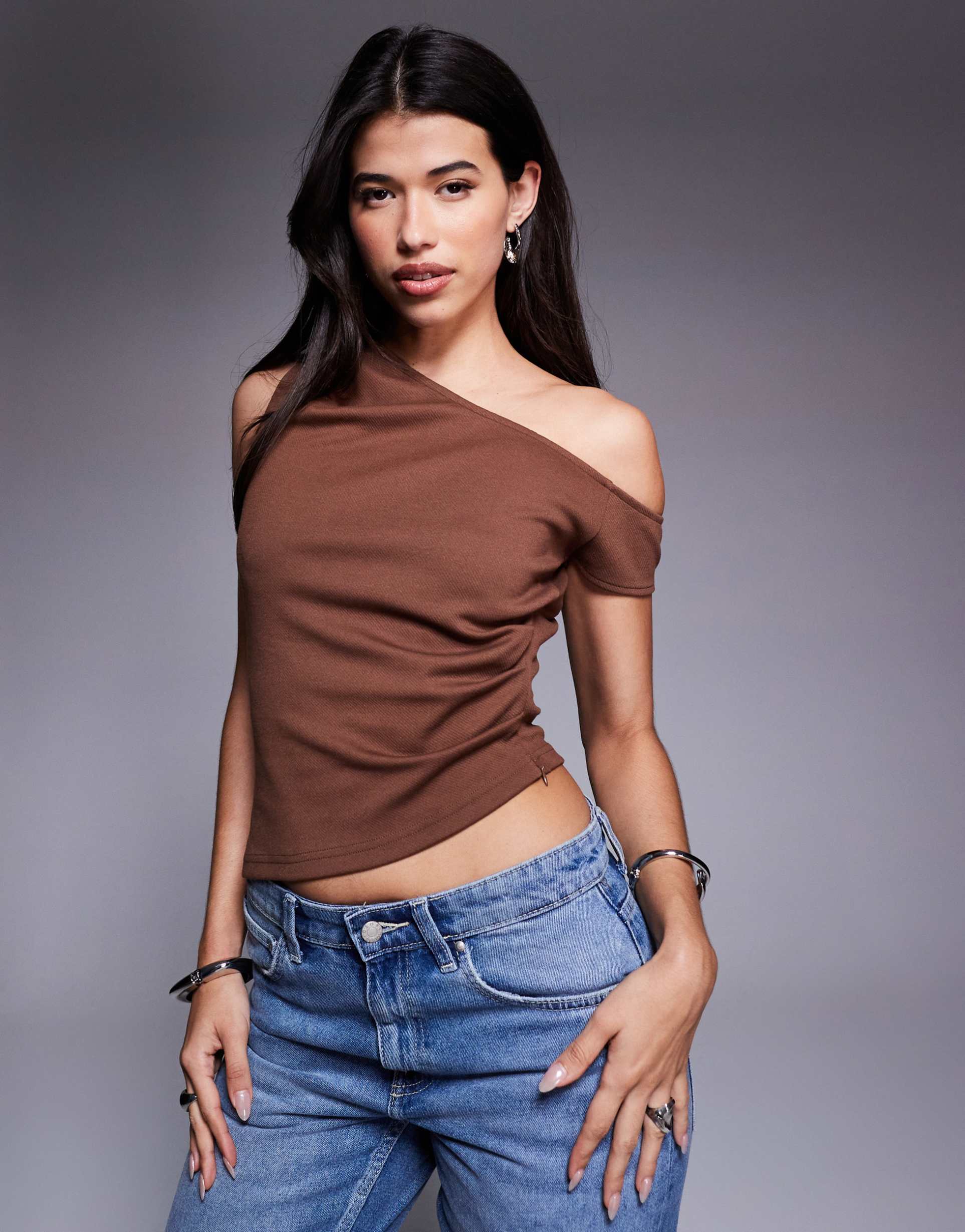 asos design jersey twill off shoulder top in brown