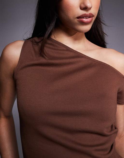 ASOS DESIGN jersey twill off shoulder top in brown, 3 of 4