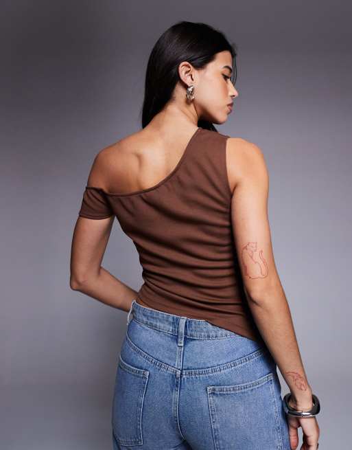 ASOS DESIGN jersey twill off shoulder top in brown, 4 of 4