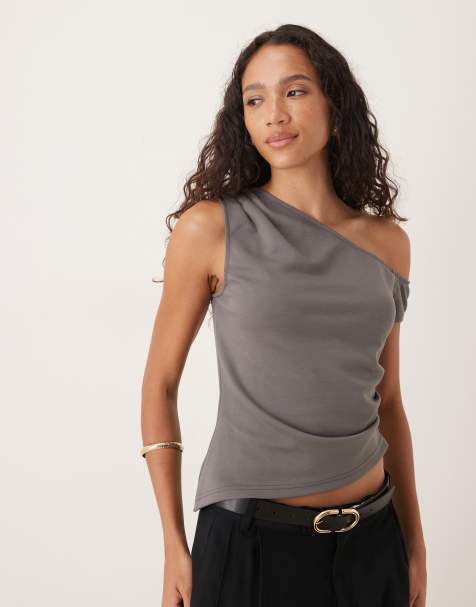 ASOS DESIGN jersey twill off shoulder top in dark grey - view 1
