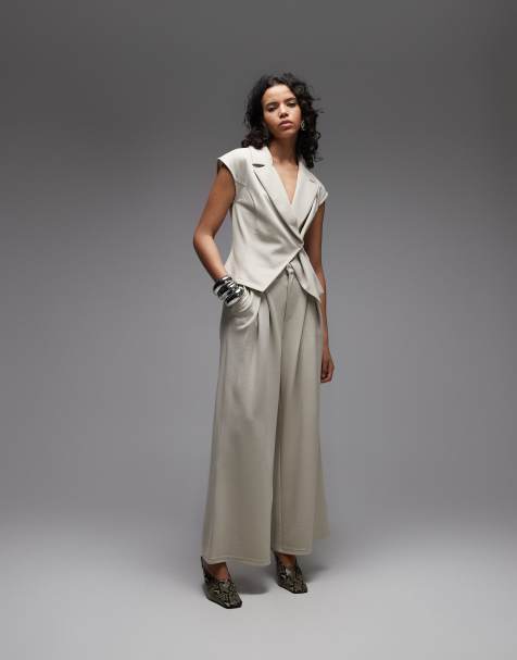 ASOS DESIGN jersey twill pleat wide leg pants in stone (part of a set) - view 1