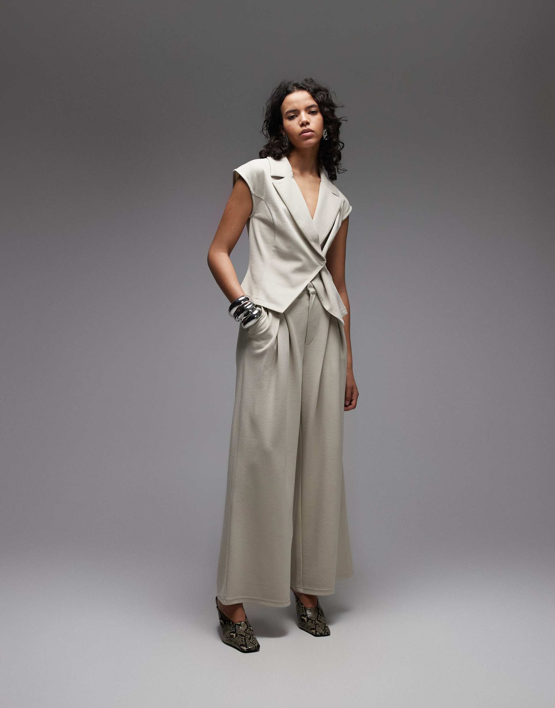 asos design jersey twill pleated wide leg pants in stone - part of a set