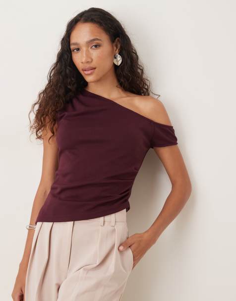 ASOS DESIGN jersey twill ruched off shoulder top in burgundy - view 1