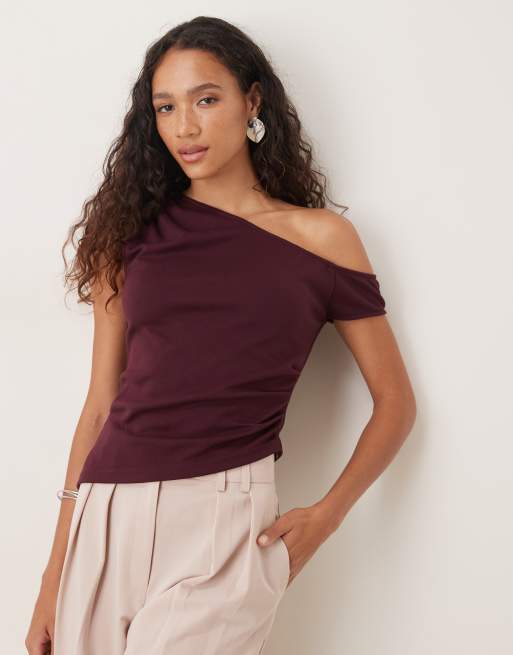 ASOS DESIGN jersey twill ruched off shoulder top in burgundy