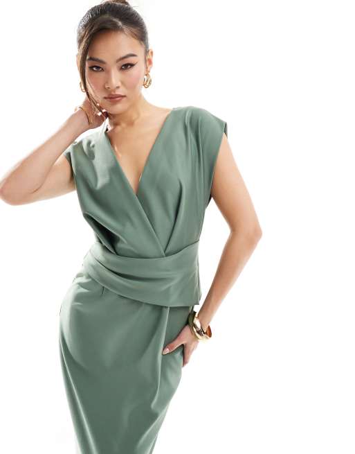 ASOS DESIGN jersey twill sleeveless wrap midi dress in green