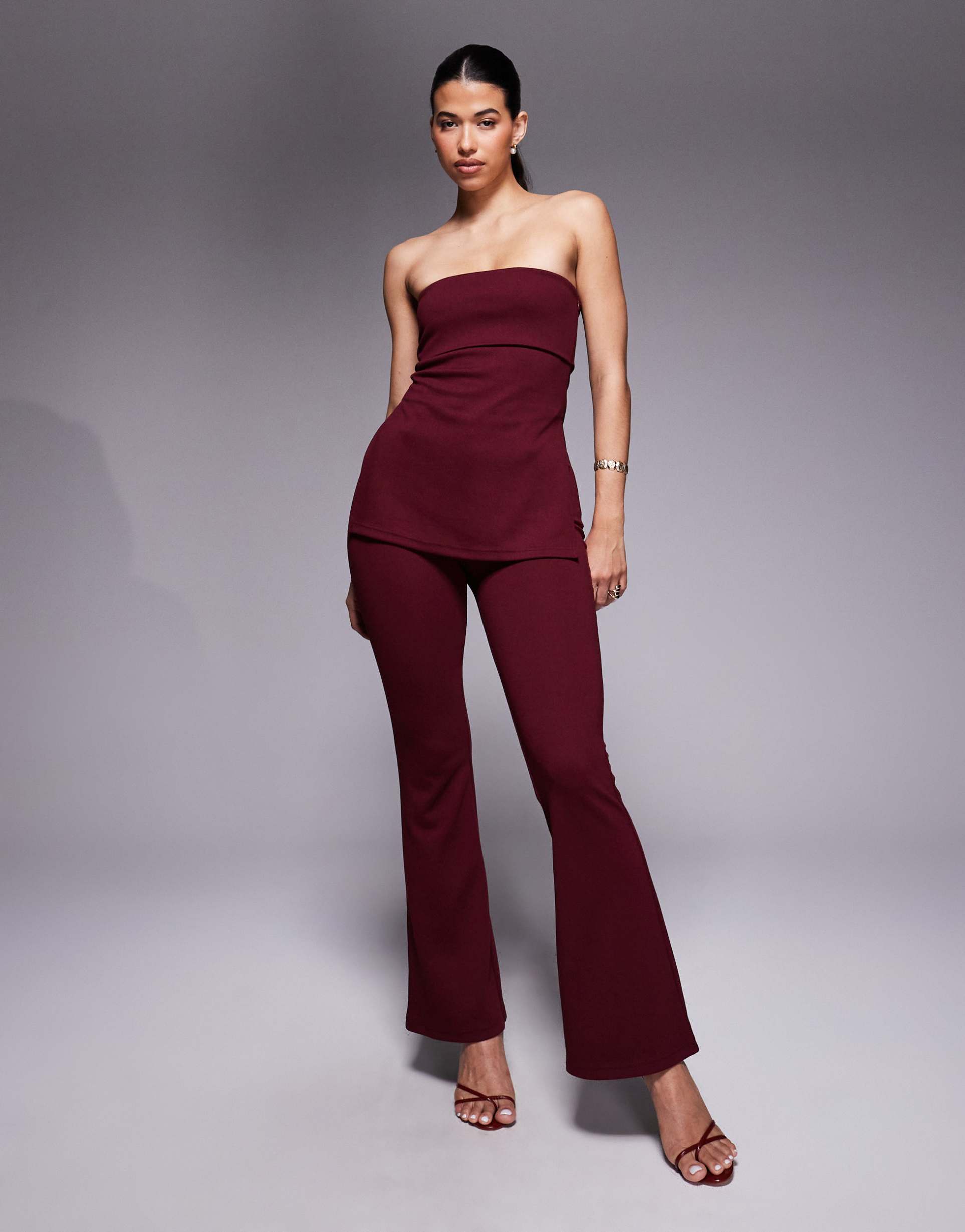 asos design jersey twill slim flare pants in burgundy - part of a set