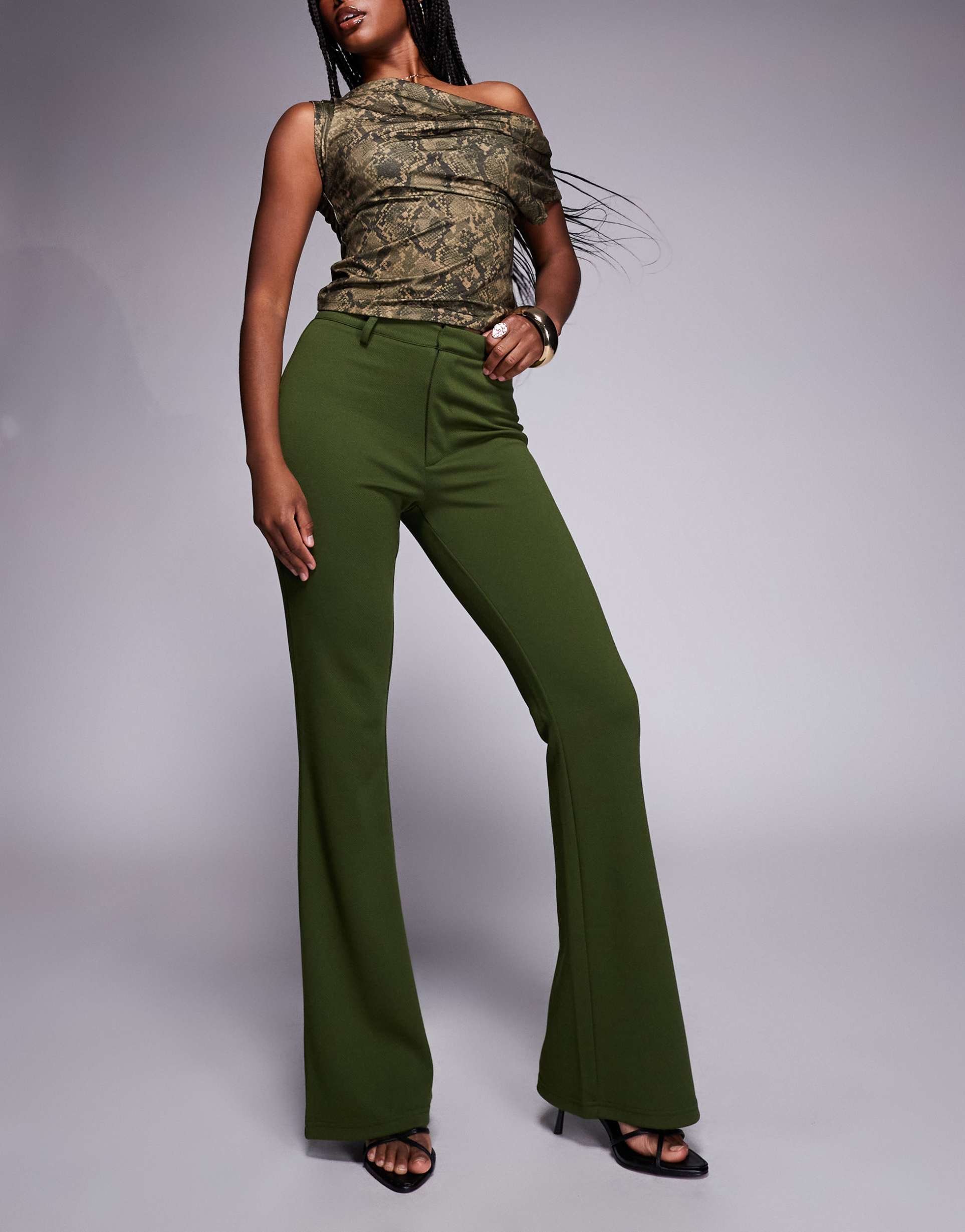 asos design jersey twill slim flare pants in green