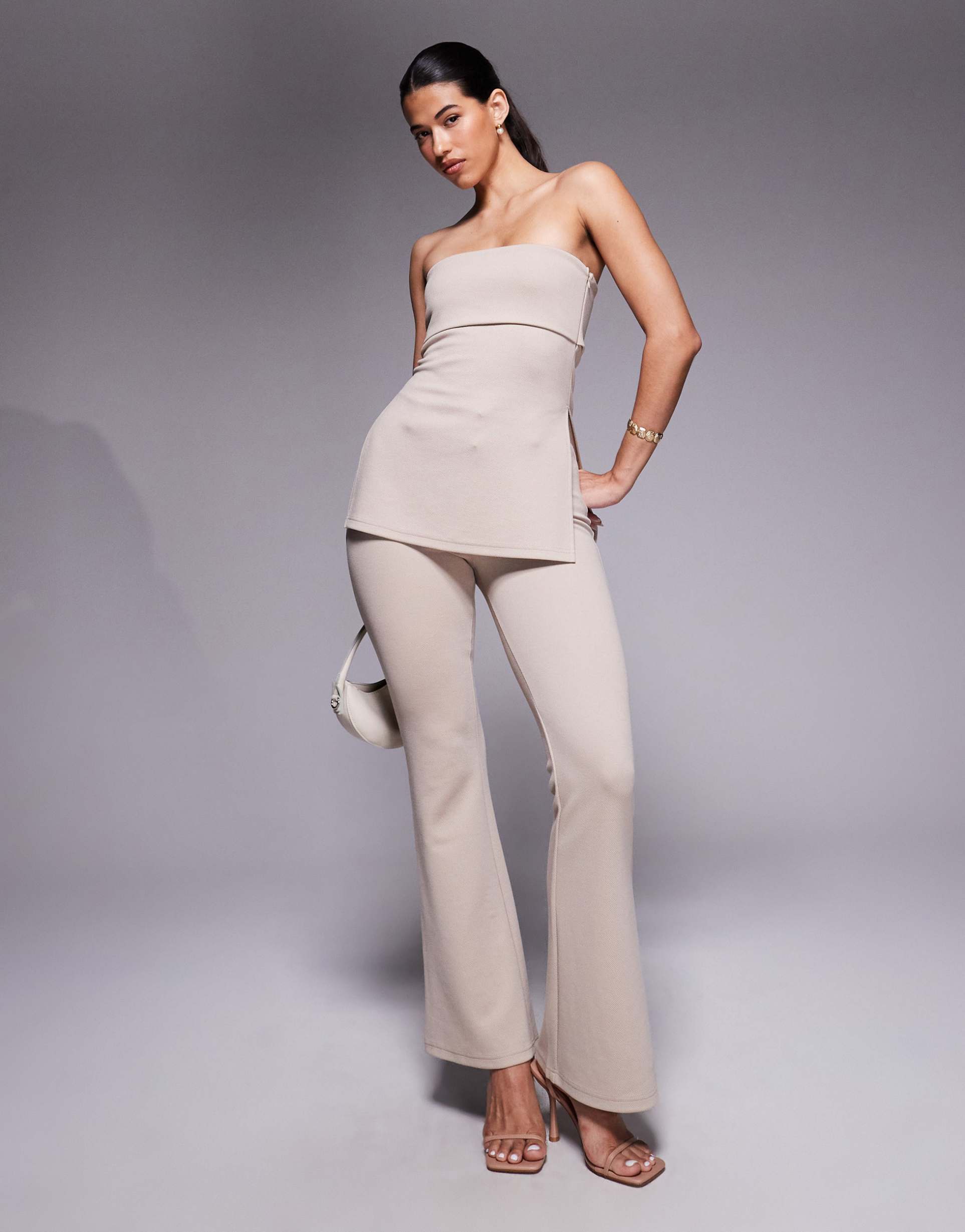 asos design jersey twill slim flare pants in stone - part of a set