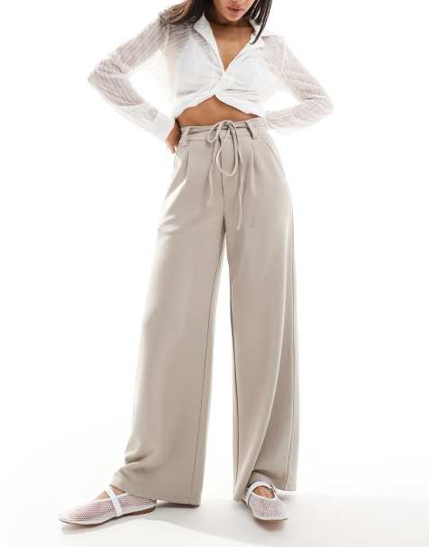 ASOS DESIGN jersey twill tie belt wide leg pants in stone - view 1