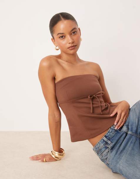 ASOS DESIGN jersey twill tie waist bandeau top in brown - view 1
