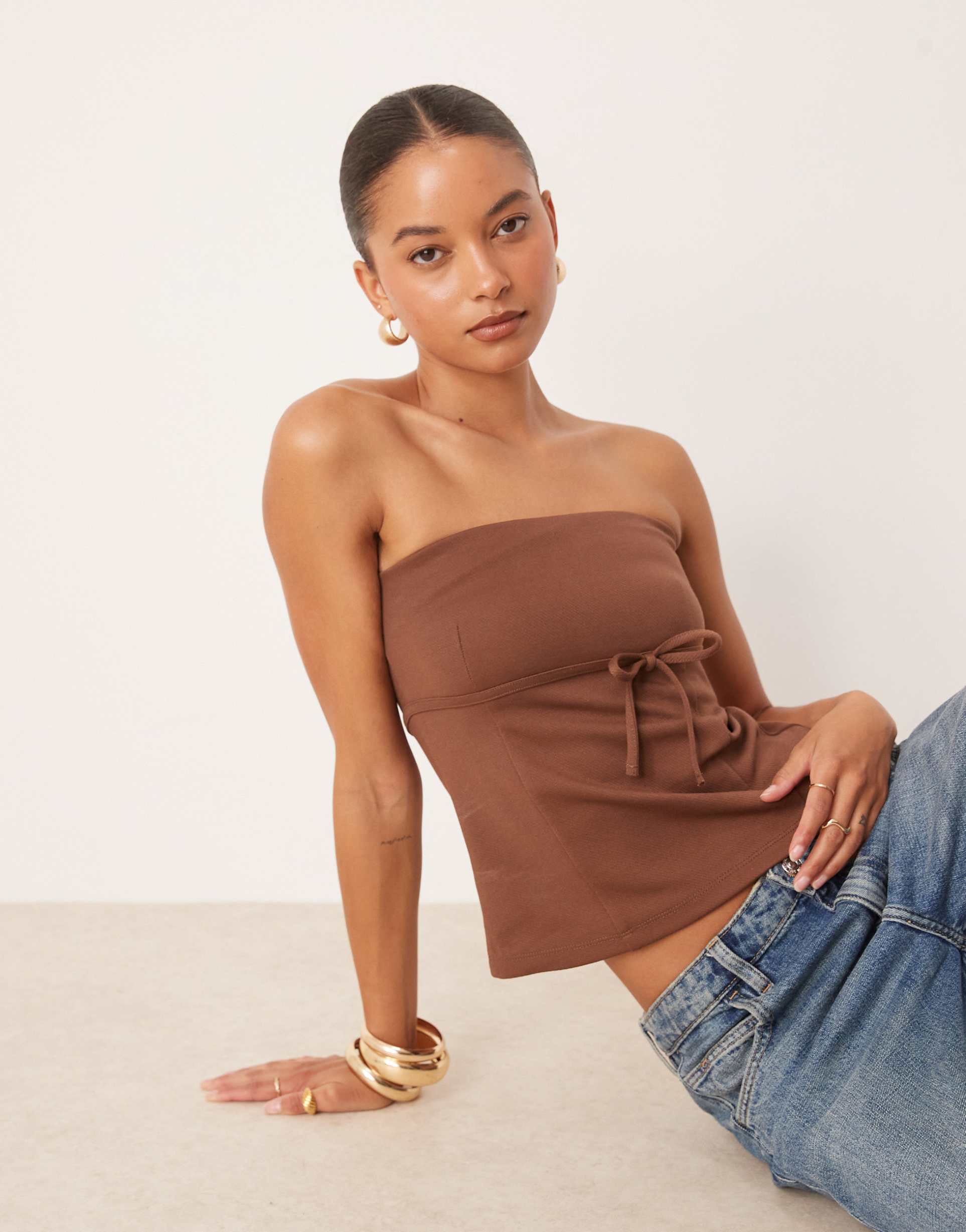 asos design jersey twill tie waist bandeau top in brown