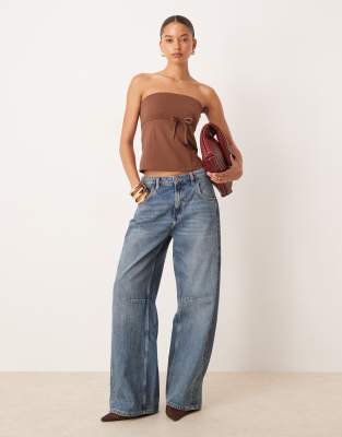 Asos Design Jersey Twill Tie Waist Bandeau Top In Brown