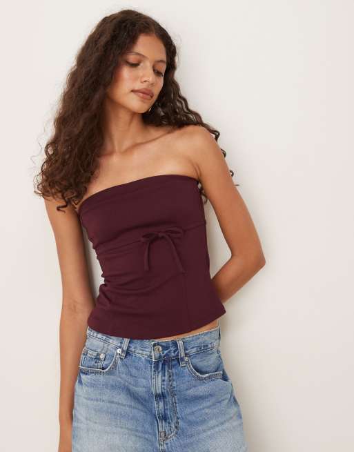 ASOS DESIGN jersey twill tie waist bandeau top in burgundy